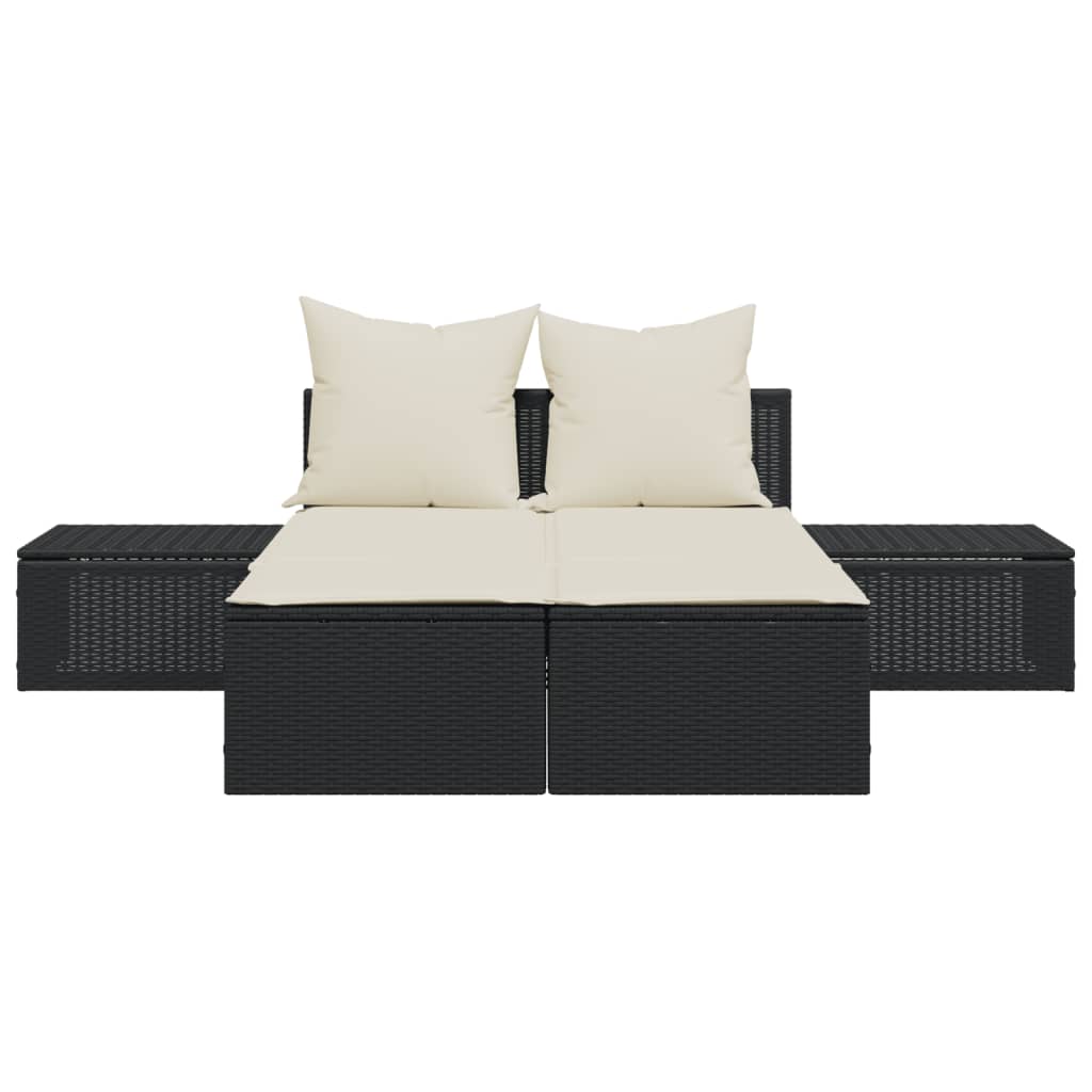 Bain de soleil double avec coussin en polyrotin noir