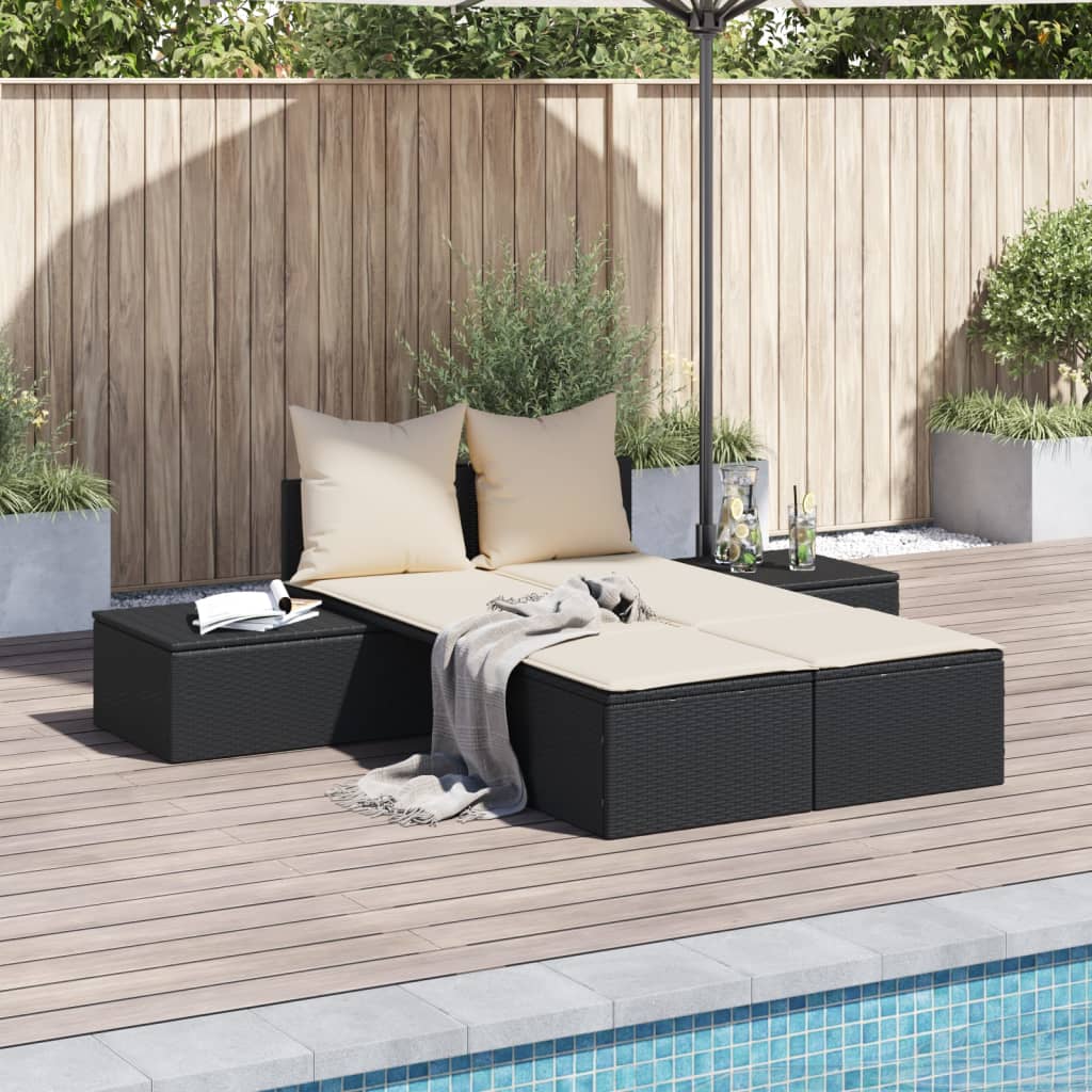 Bain de soleil double avec coussin en polyrotin noir