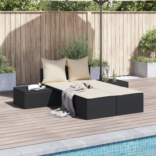 Bain de soleil double avec coussin en polyrotin noir