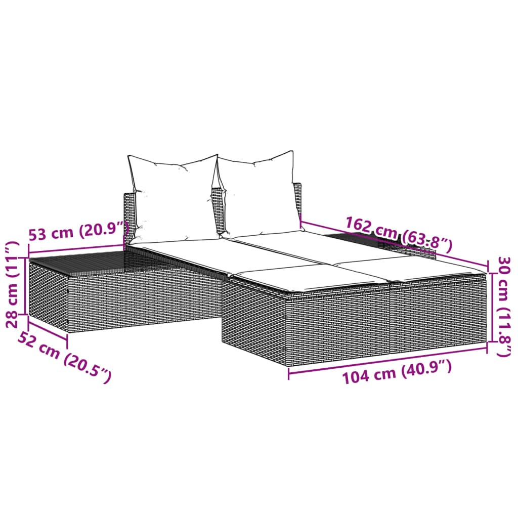 Bain de soleil double avec coussins en polyrotin marron