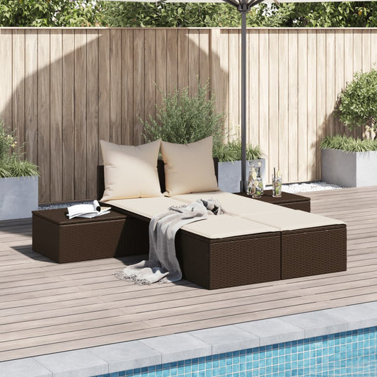 Bain de soleil double avec coussins en polyrotin marron