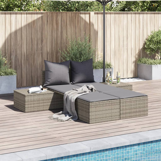 Bain de Soleil Double avec Coussins Poly Rotin Gris