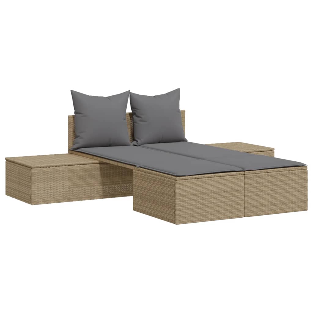 Bain de soleil double avec coussins en polyrotin beige