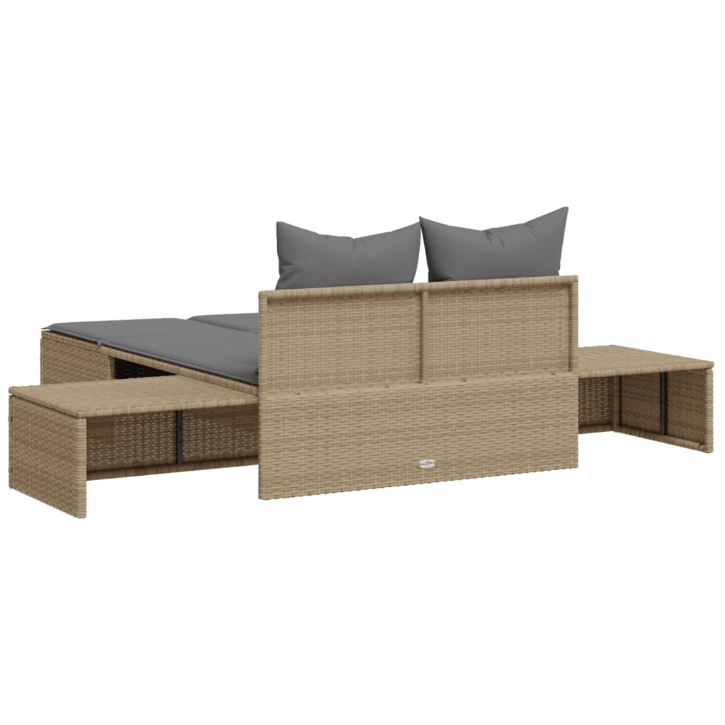 Bain de soleil double avec coussins en polyrotin beige