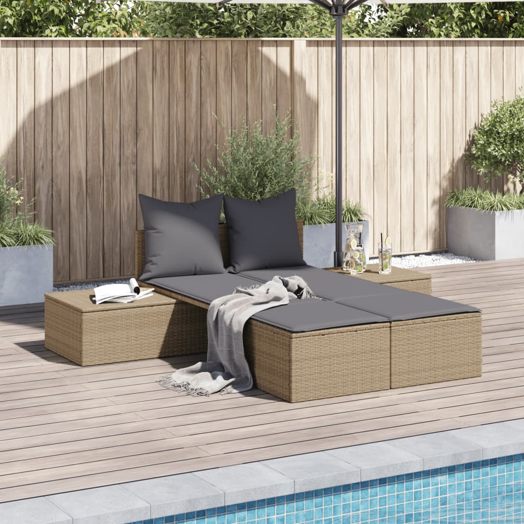 Bain de soleil double avec coussins en polyrotin beige