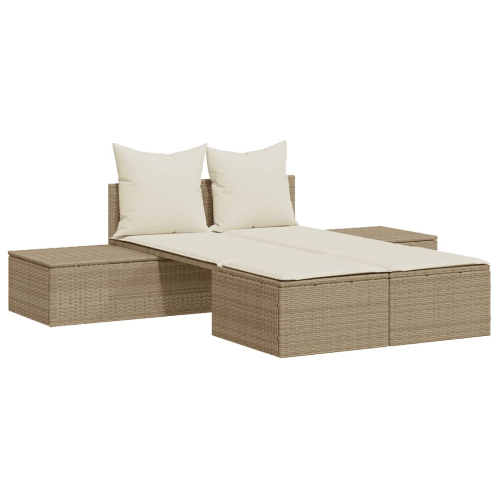 Bain de soleil double avec coussins en polyrotin beige