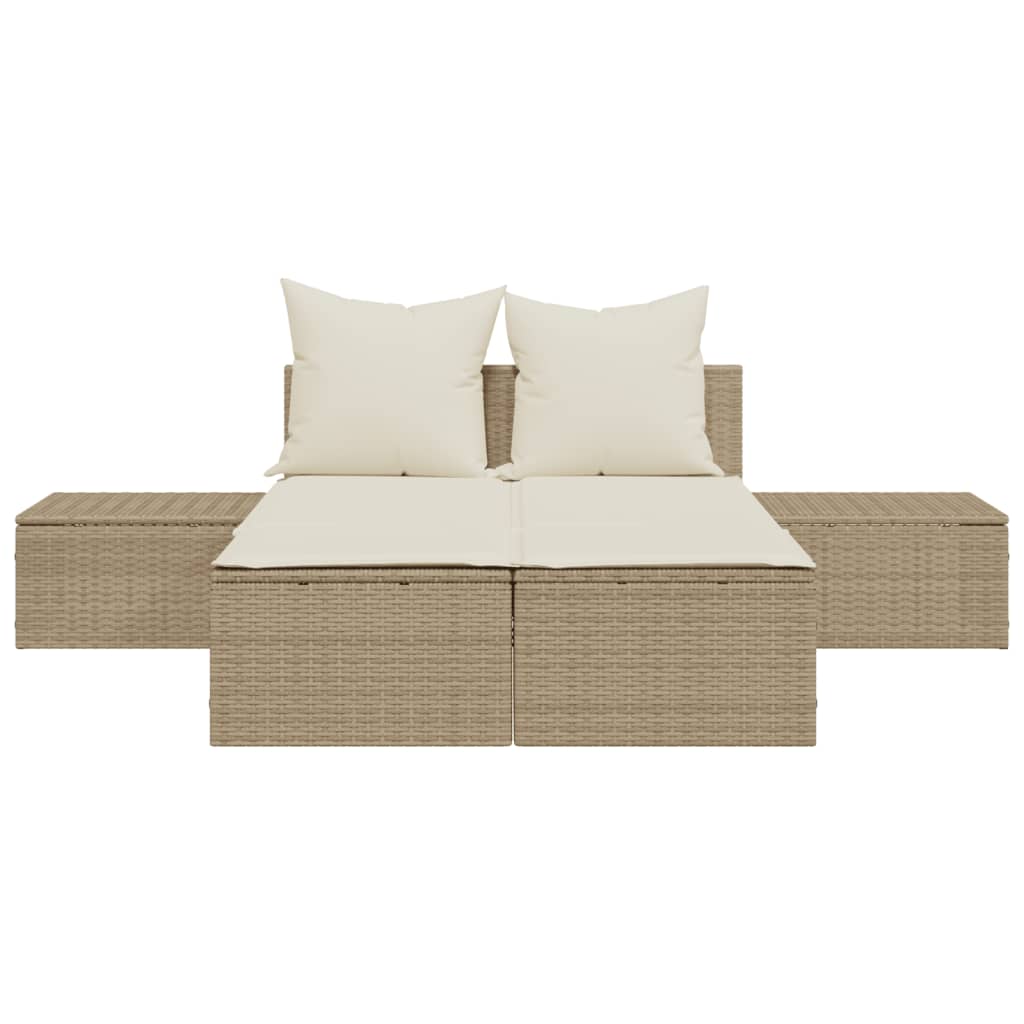 Bain de soleil double avec coussins en polyrotin beige