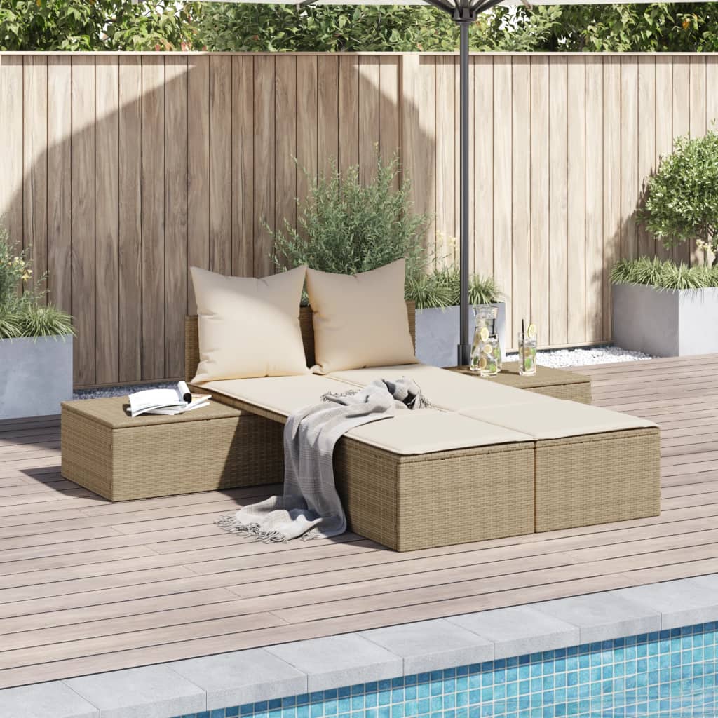 Bain de soleil double avec coussins en polyrotin beige