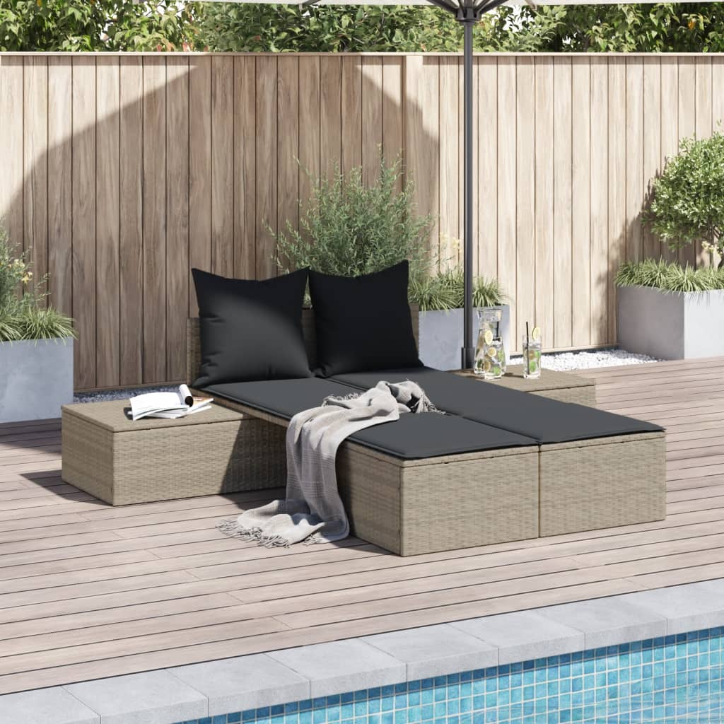 Doppel-Sonnenliege mit Kissen Hellgrau Poly Rattan