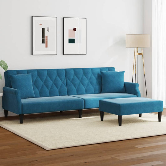 Schlafsofa 2-Sitzer mit Kissen und Fußhocker Blau Samt