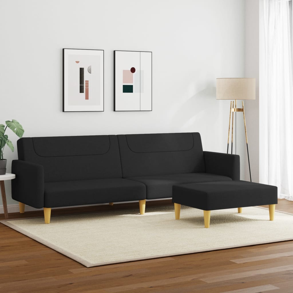 2-seater sofa bed with footstool black fabric