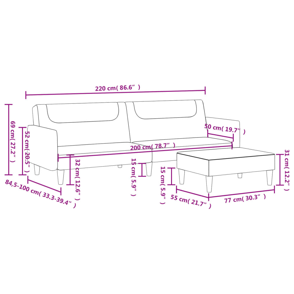 2-seater sofa bed with footstool black fabric