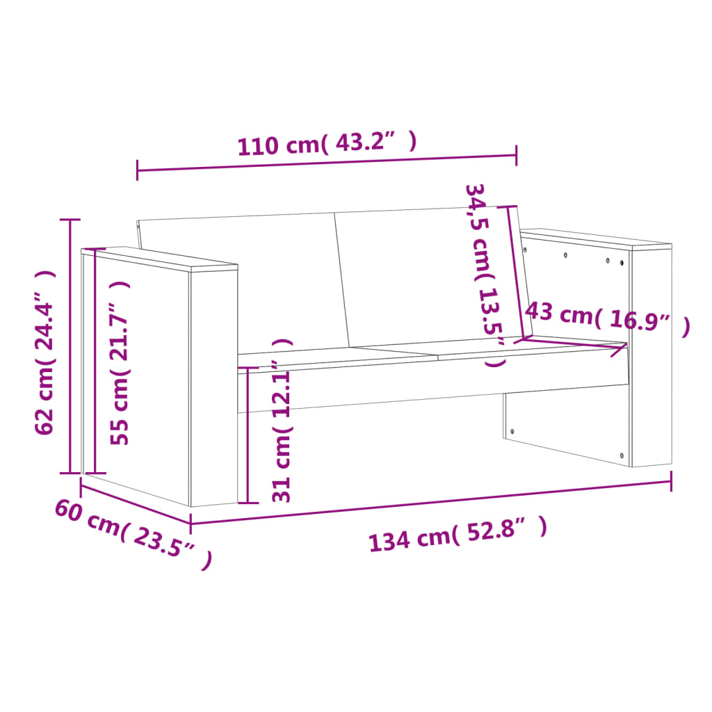 Canapé de jardin 2 places 134x60x62 cm en pin massif