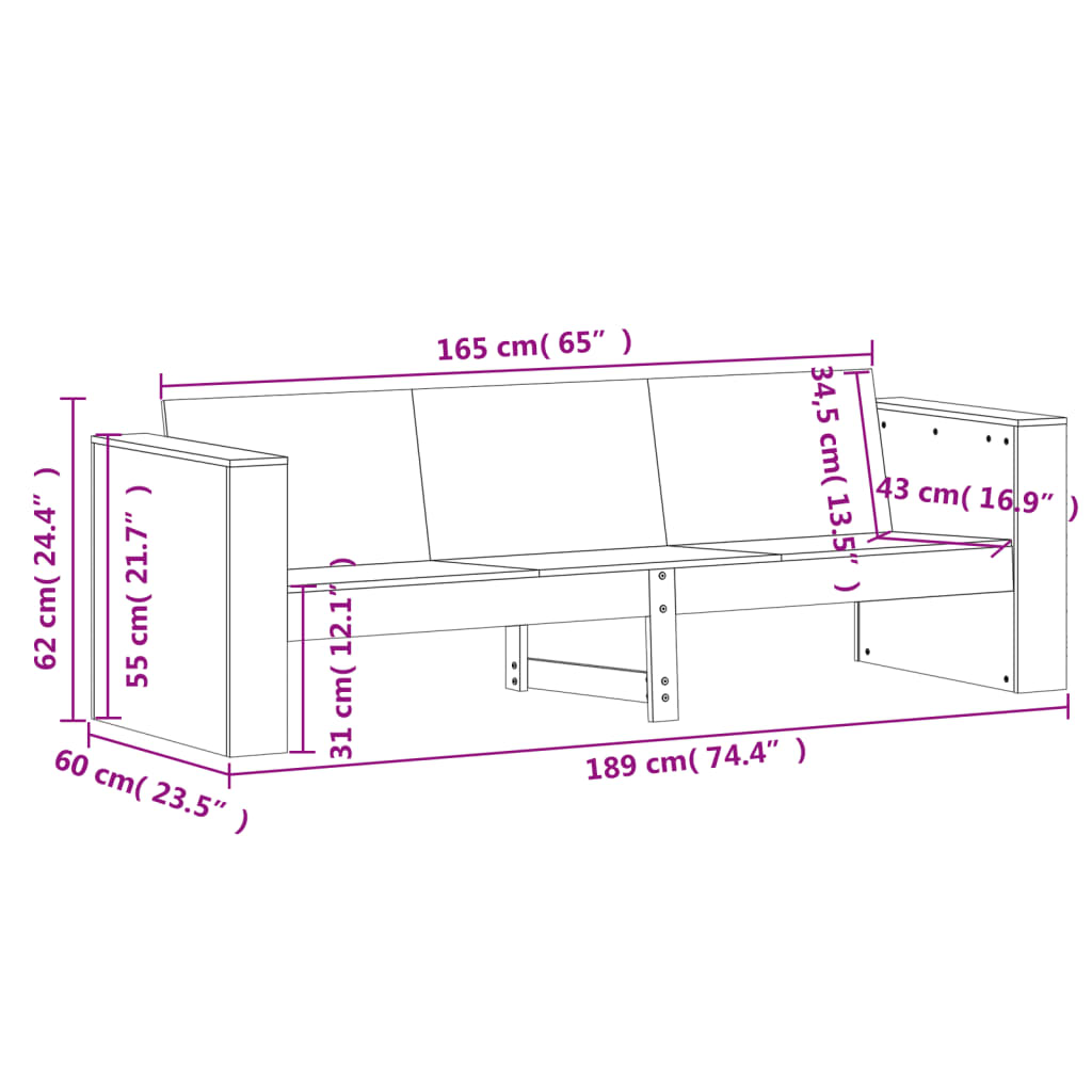 Canapé de jardin 3 places blanc 189x60x62 cm en pin massif