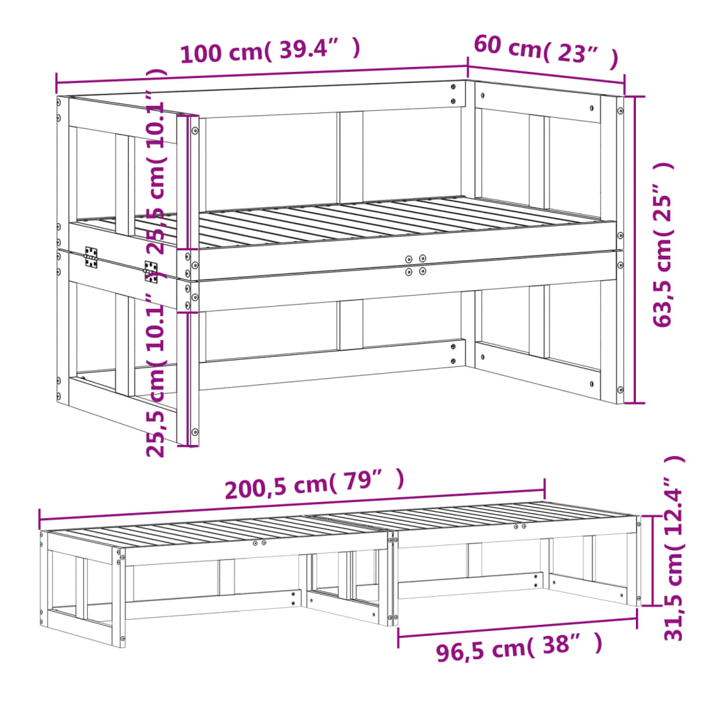 Canapé de jardin 2 en 1 extensible en pin massif