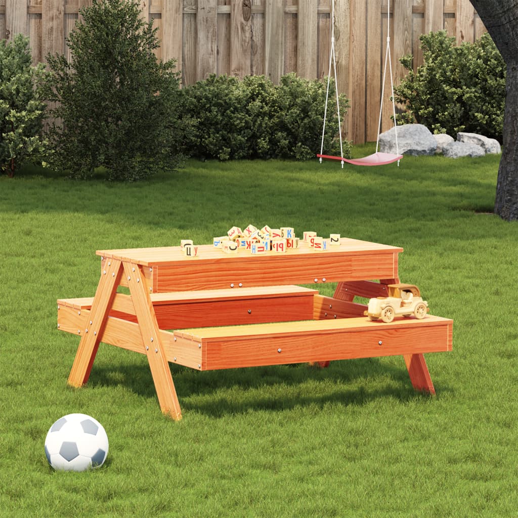 Table de pique-nique avec bac à sable pour enfants en bois de pin marron ciré