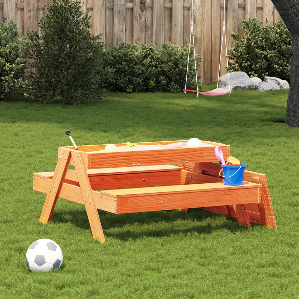 Table de pique-nique avec bac à sable pour enfants en bois de pin marron ciré