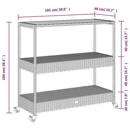 Barwagen 3 Böden Schwarz Poly Rattan und Massivholz Akazie