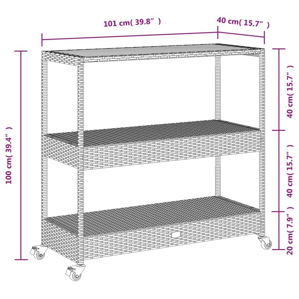 Barwagen 3 Böden Grau Poly Rattan und Massivholz Akazie