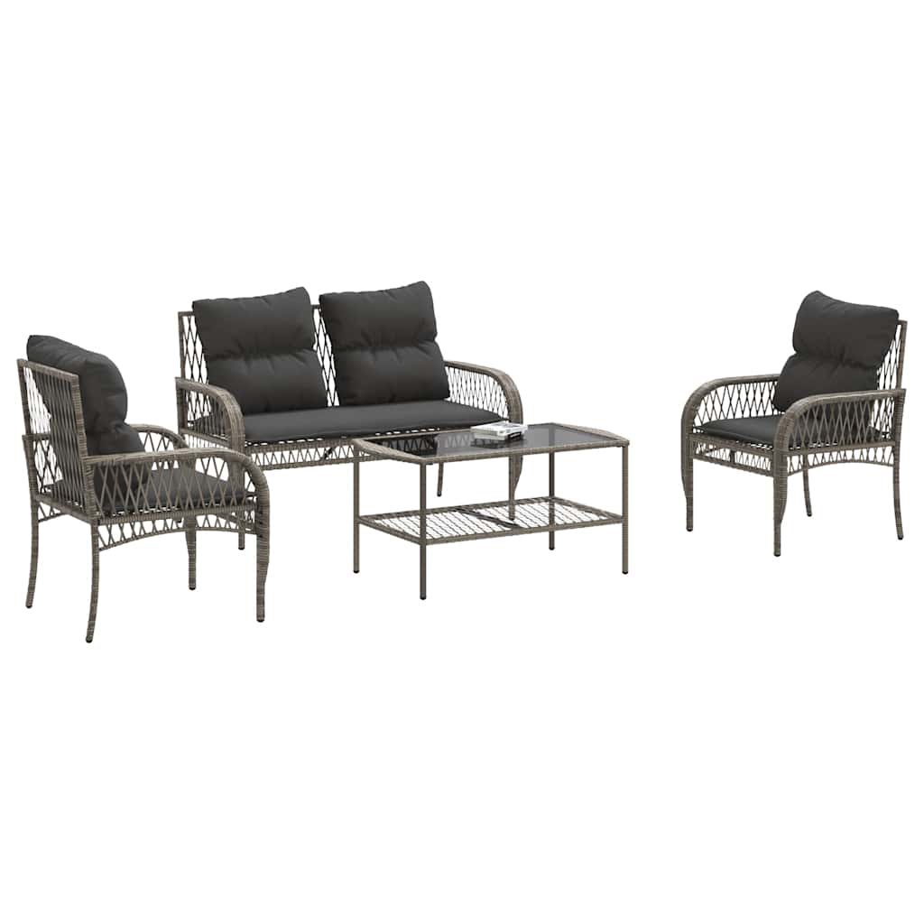 4-tlg. Garten-Sofagarnitur mit Kissen Grau Poly Rattan