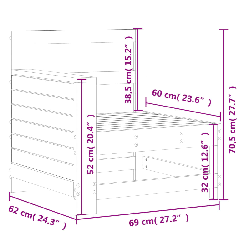 Canapé de jardin avec accoudoir 69x62x70,5 cm en pin massif