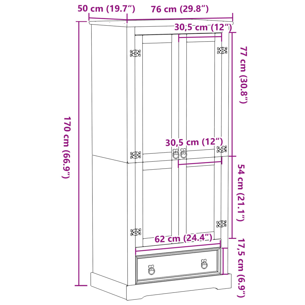 Wardrobe Corona 76x50x170 cm solid pine wood