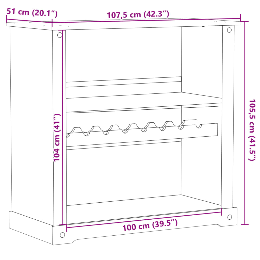 Cave à vin Corona 107,5x51x105,5 cm en bois de pin massif