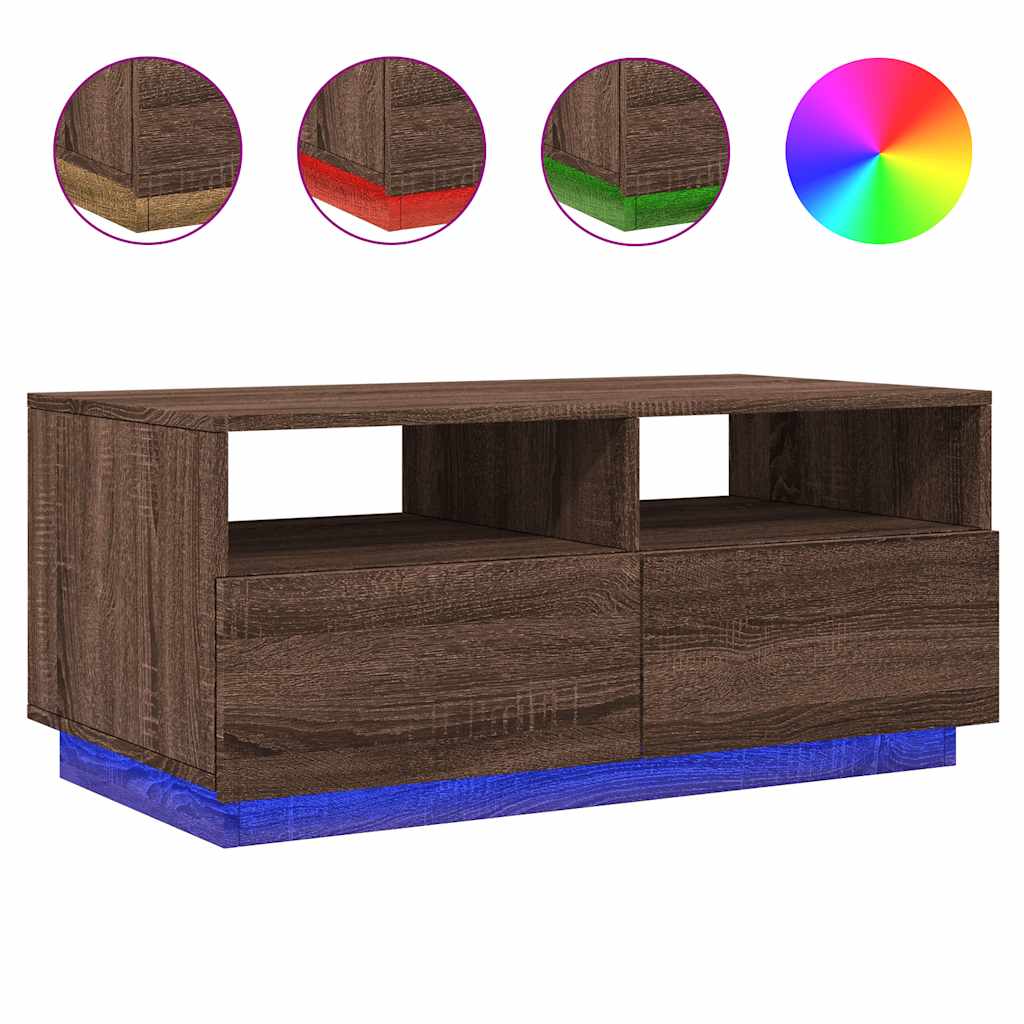 Coffee table with LED lights brown oak look 90x49x40 cm