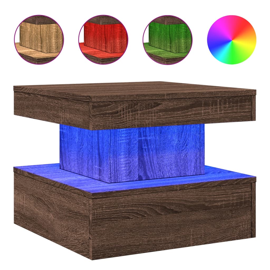 Table basse avec lumières LED aspect chêne marron 50x50x40 cm