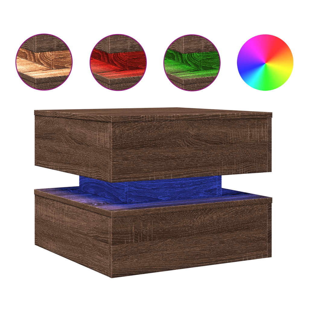 Table basse avec lumières LED aspect chêne marron 50x50x40 cm