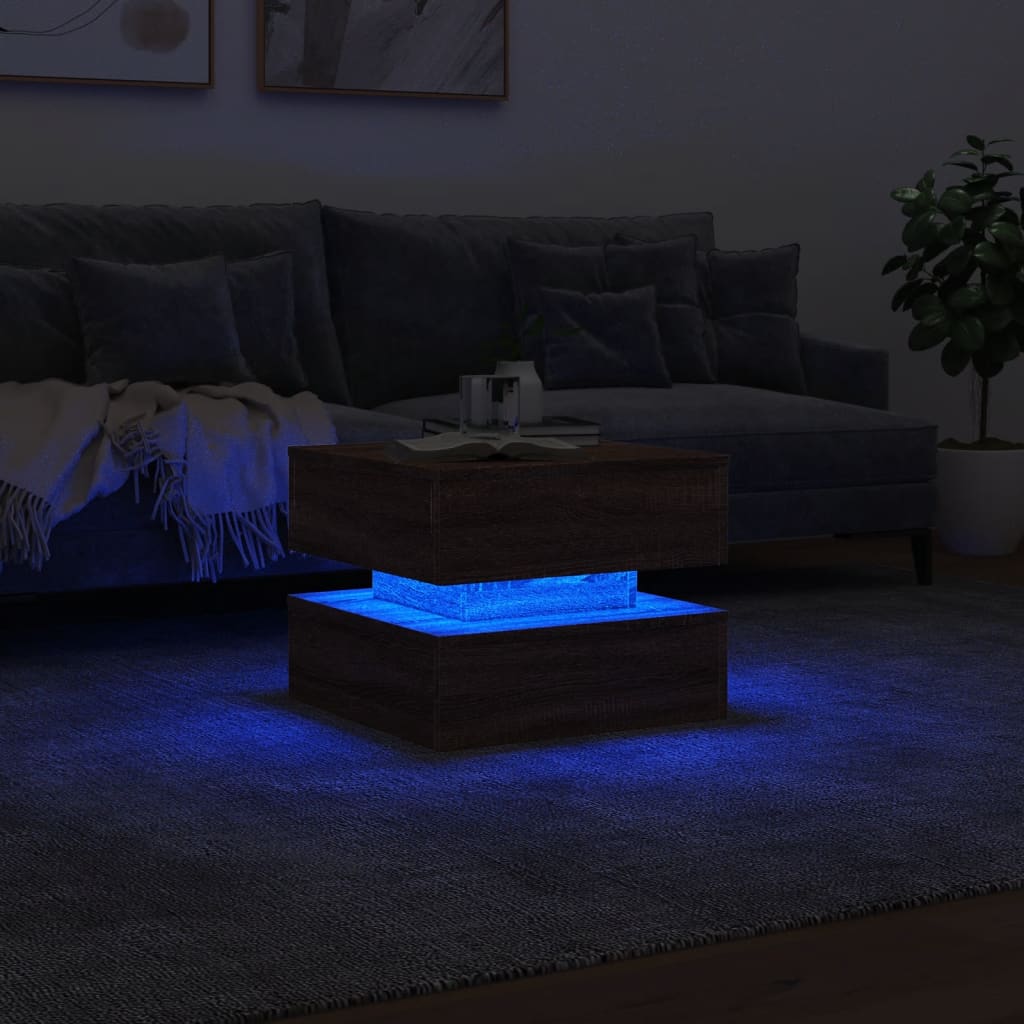 Table basse avec lumières LED aspect chêne marron 50x50x40 cm