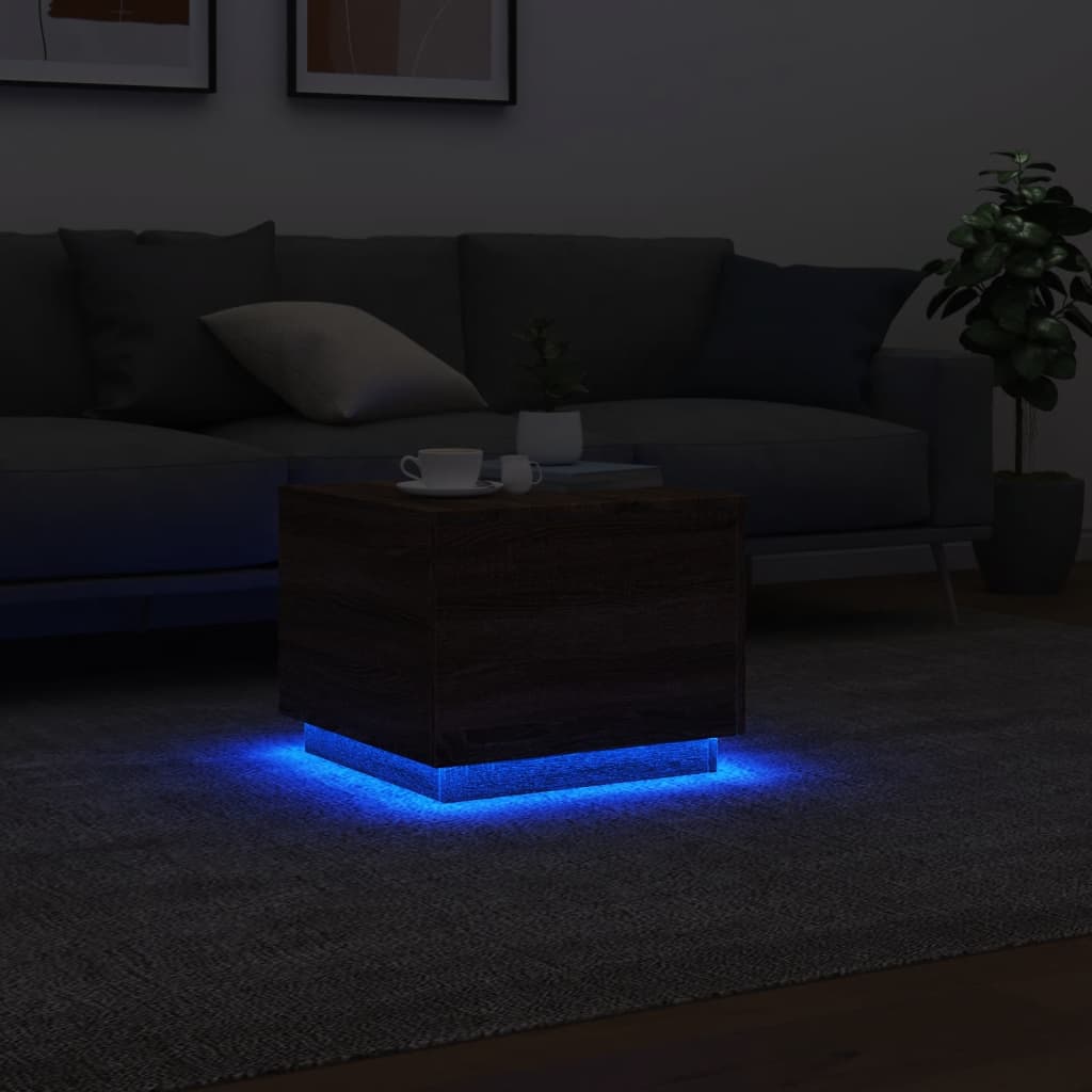 Table basse avec lumières LED aspect chêne marron 50x50x40 cm