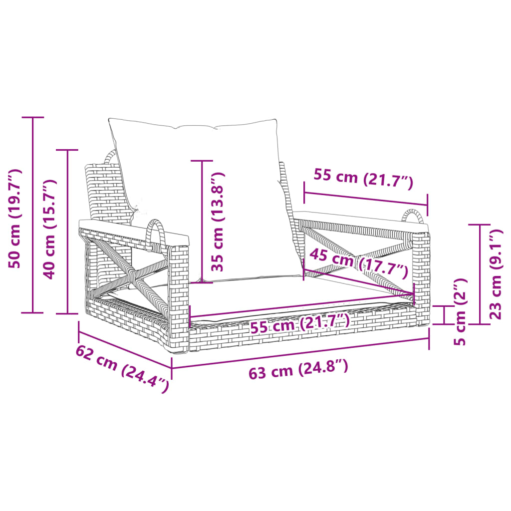 Chaise suspendue avec coussin gris 63x62x40 cm poly rotin