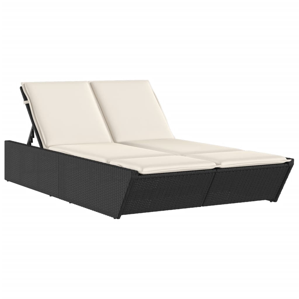 Bain de soleil double avec coussin en polyrotin noir