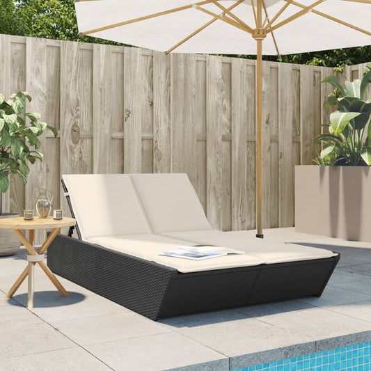 Bain de soleil double avec coussin en polyrotin noir