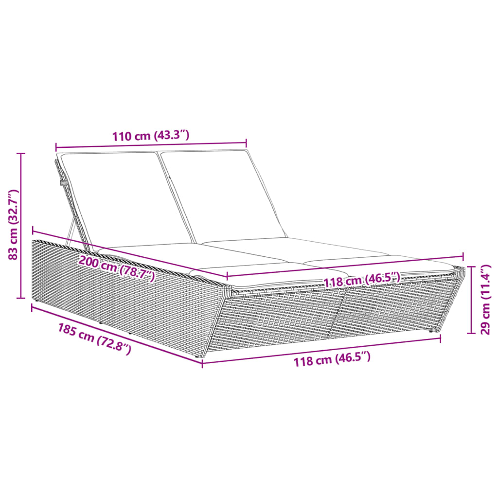 Bain de soleil double avec coussins en polyrotin marron