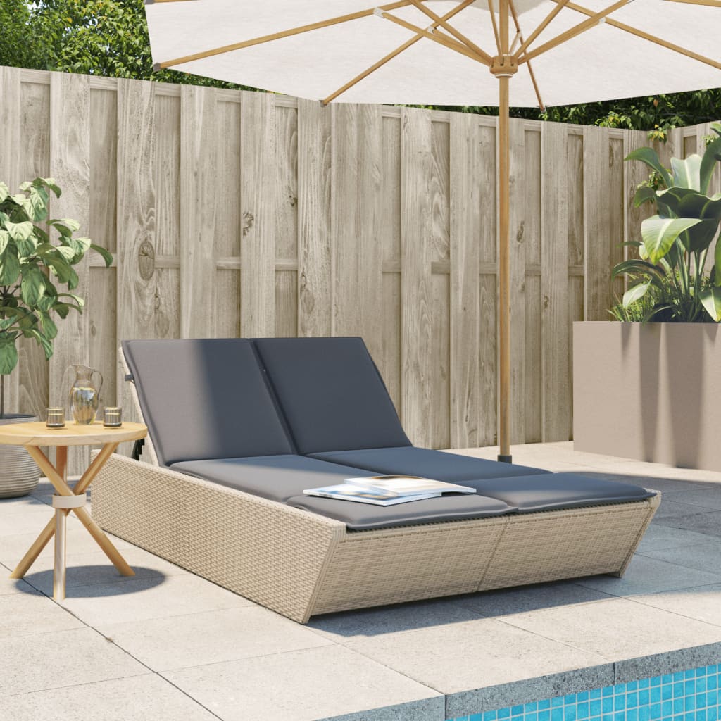 Bain de soleil double avec coussins en polyrotin beige