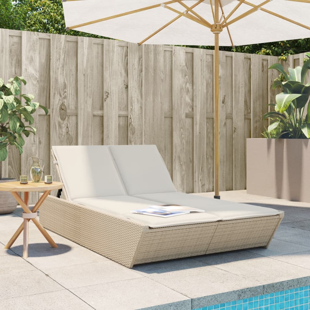 Bain de soleil double avec coussins en polyrotin beige