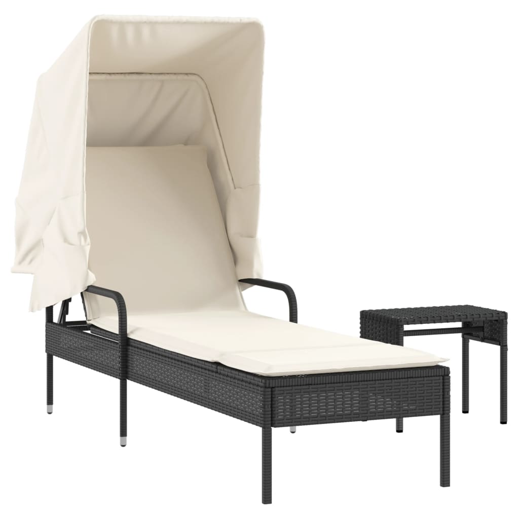 Bain de soleil avec toit et table en polyrotin noir