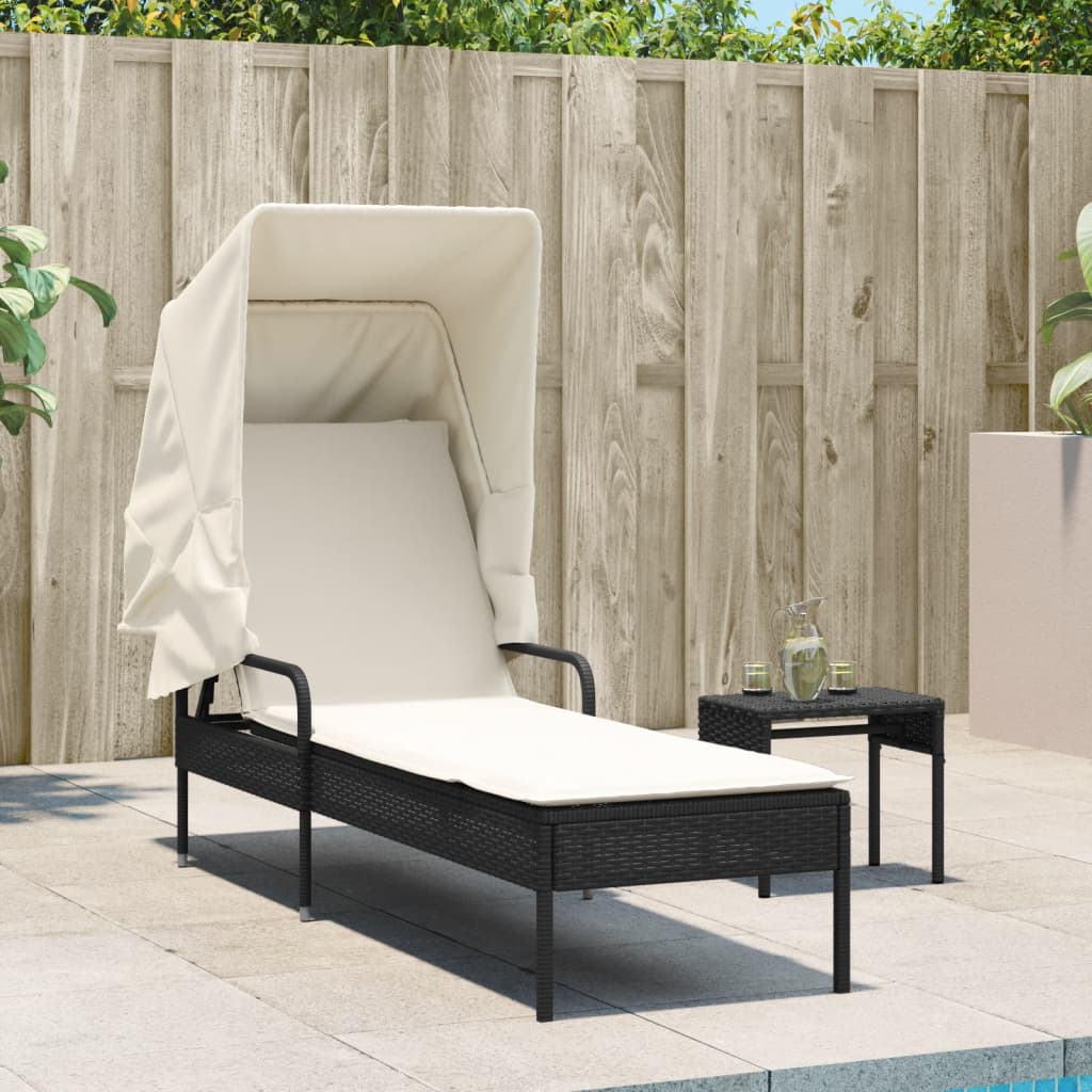 Bain de soleil avec toit et table en polyrotin noir