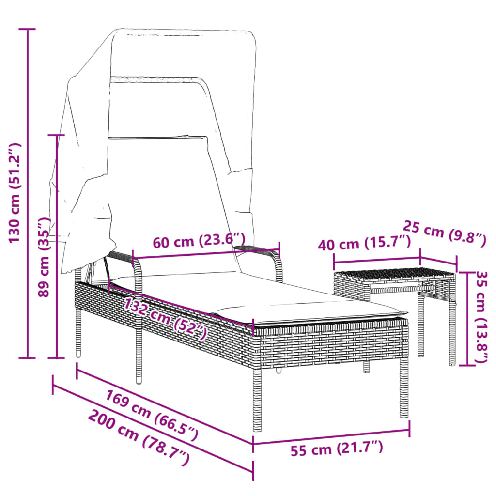 Bain de soleil avec toit et table en polyrotin noir