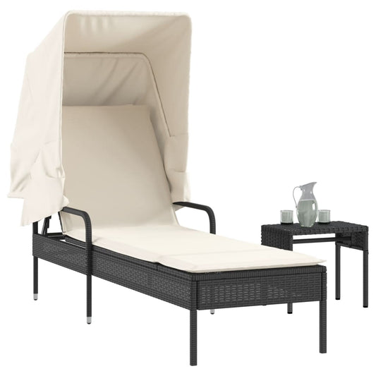 Bain de soleil avec toit et table en polyrotin noir