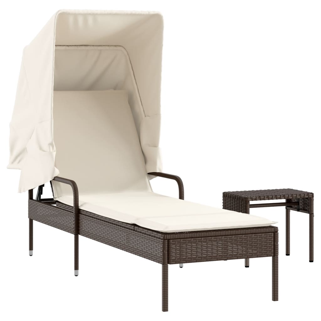 Bain de soleil avec toit et table en polyrotin marron