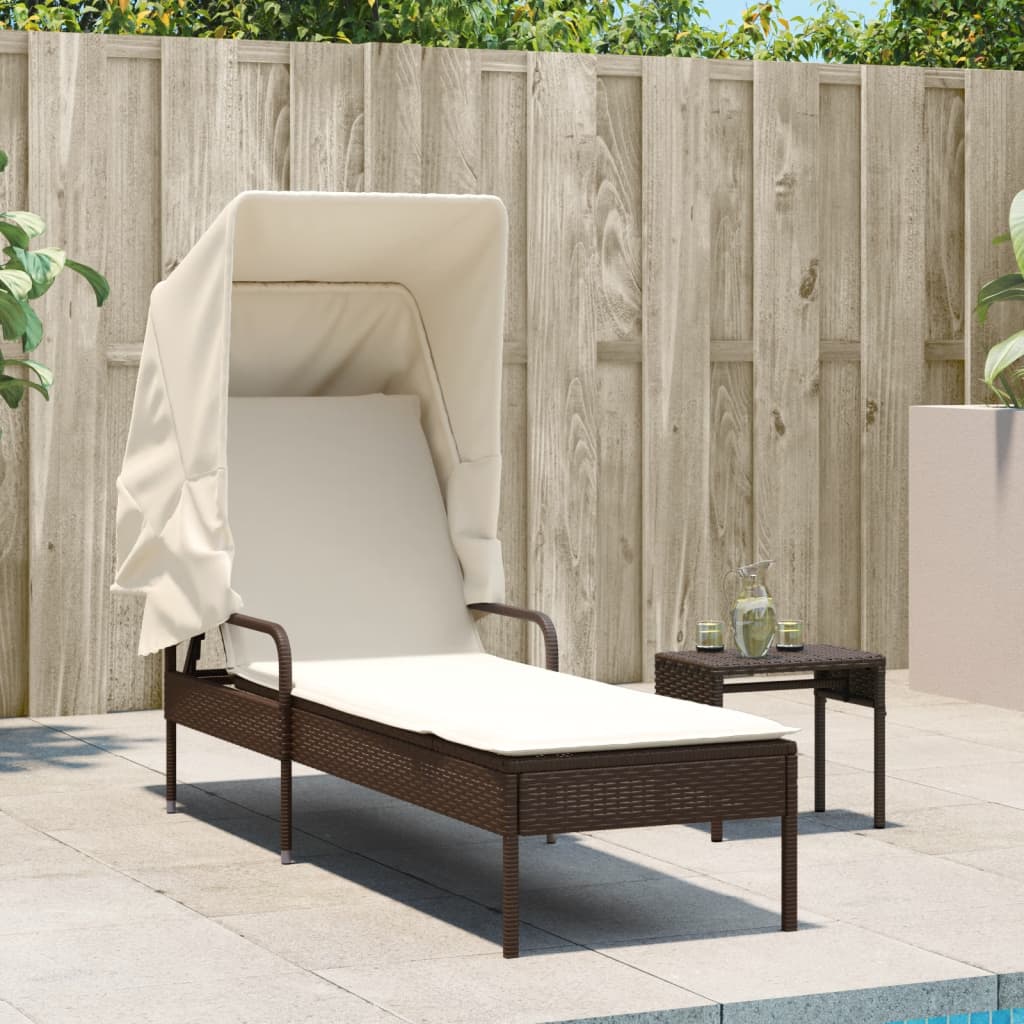 Bain de soleil avec toit et table en polyrotin marron