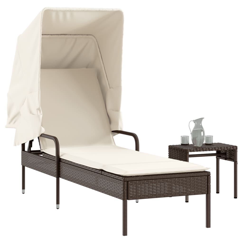 Bain de soleil avec toit et table en polyrotin marron