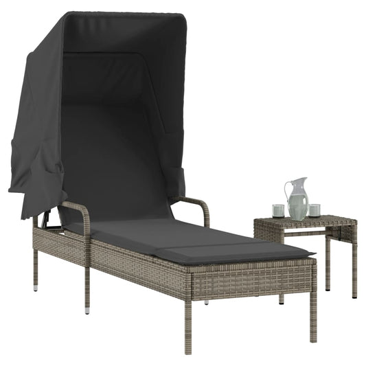 Sonnenliege mit Dach und Tisch Grau Poly Rattan