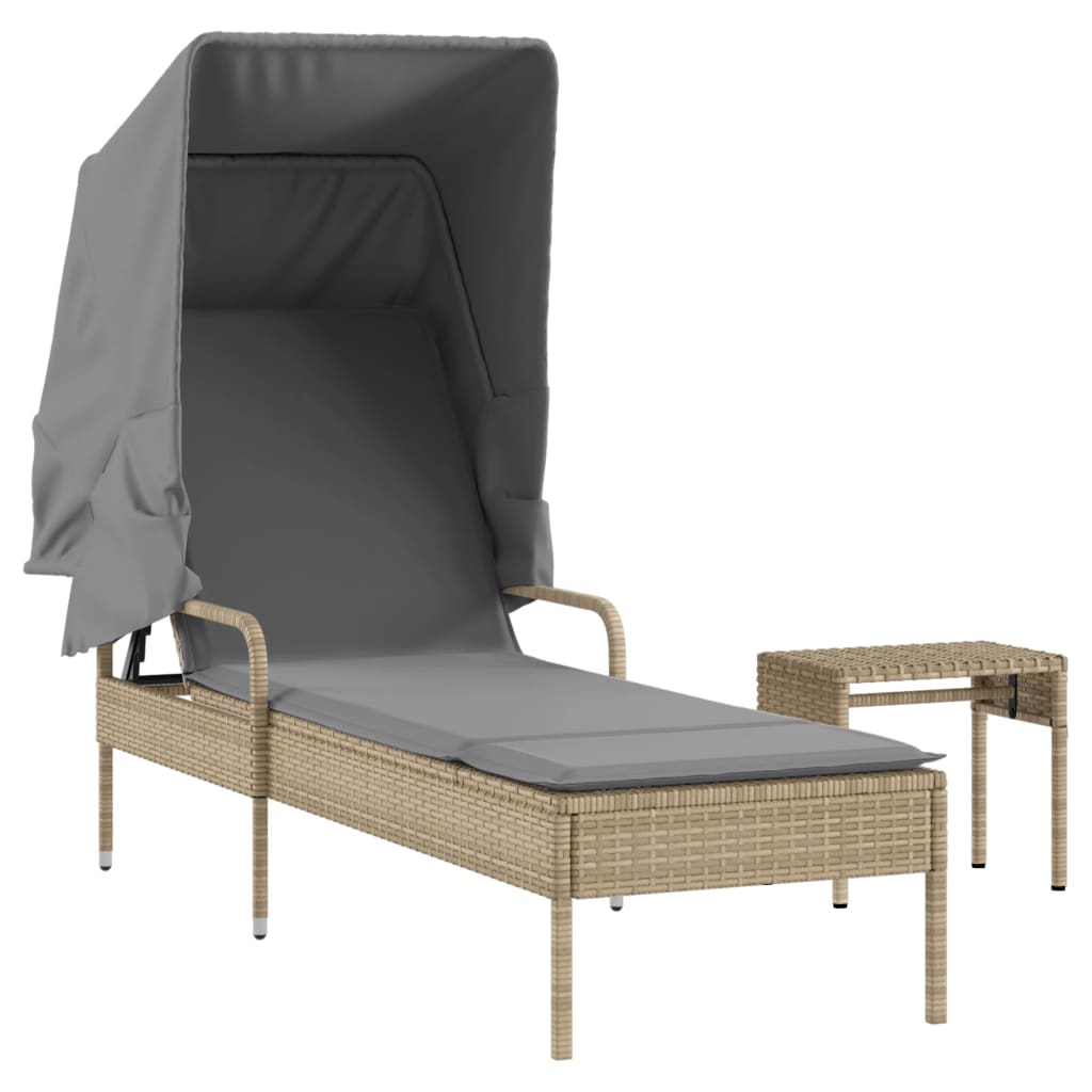 Bain de soleil avec toit et table en polyrotin beige