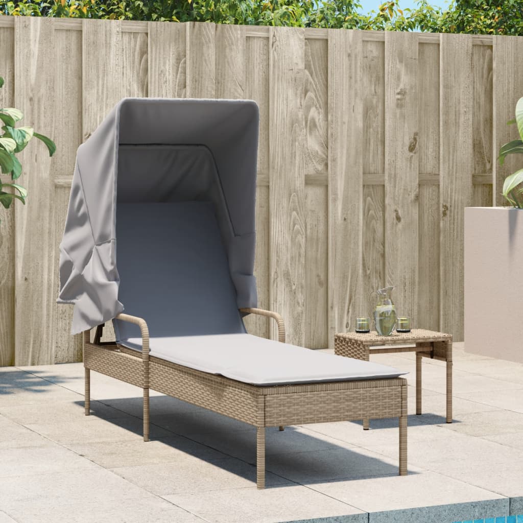 Bain de soleil avec toit et table en polyrotin beige