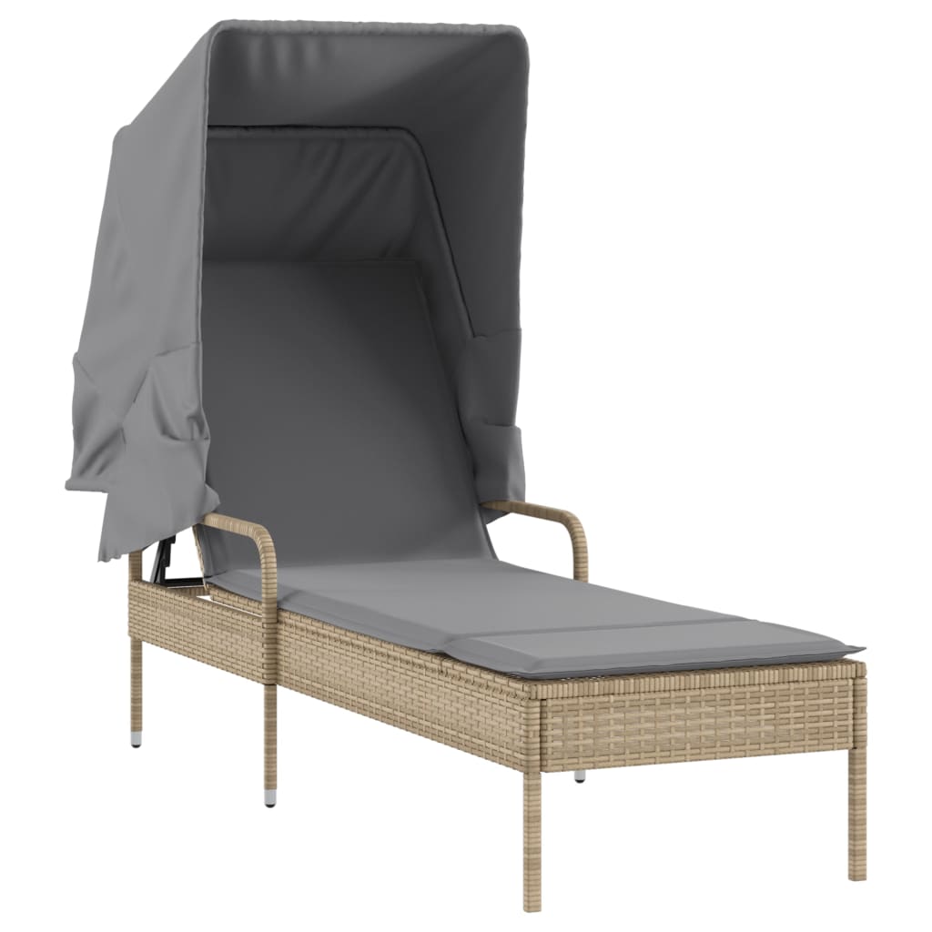 Bain de soleil avec toit et table en polyrotin beige