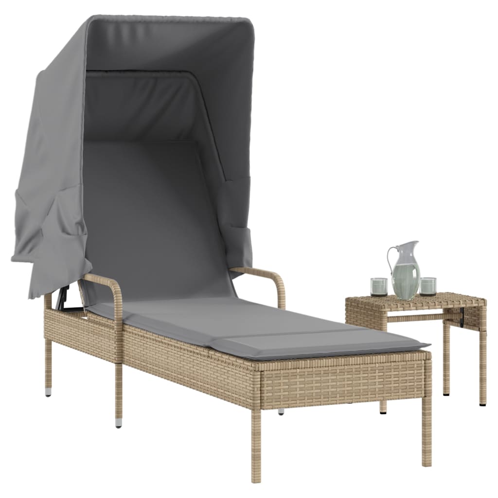 Bain de soleil avec toit et table en polyrotin beige